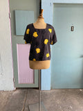 80-90's Black polka dot boxy top with a yellow rose print