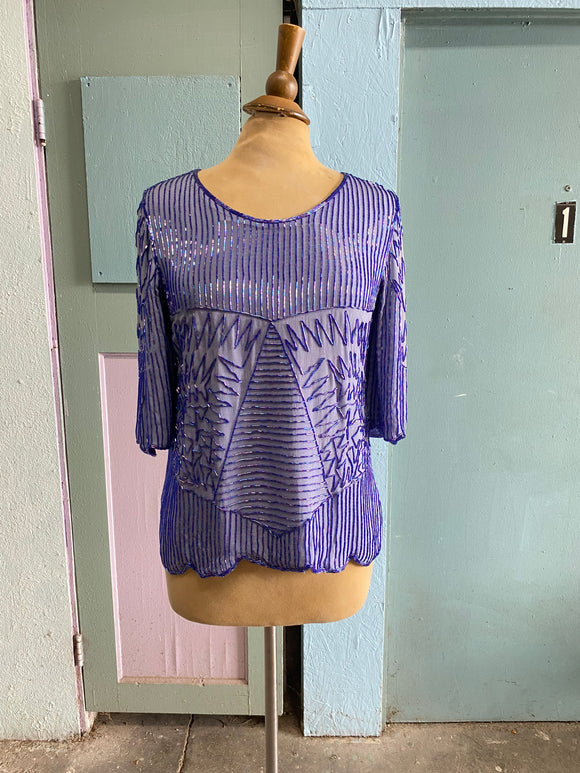 Fabulous 1980's-90's blue silk sequin top