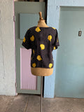 80-90's Black polka dot boxy top with a yellow rose print