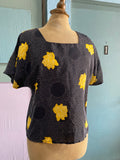 80-90's Black polka dot boxy top with a yellow rose print