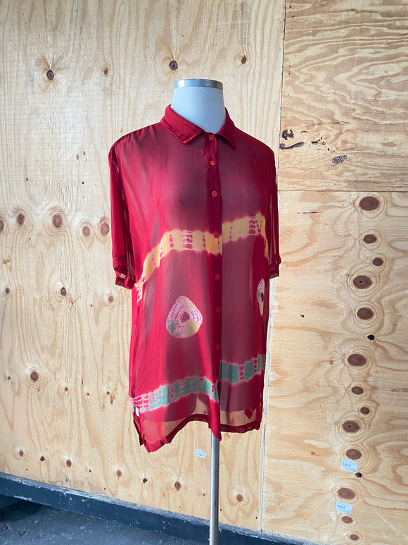 90's Red sheer boho short sleeve shirt