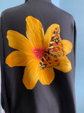 90's-Y2K Black silk long sleeve with yellow flower & butterfly screen print