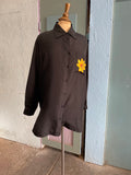 90's-Y2K Black silk long sleeve with yellow flower & butterfly screen print