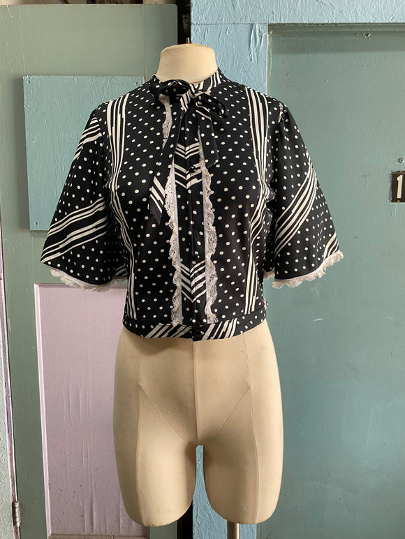 70's Black and white polka dot crop top with bell sleeves