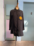 90's-Y2K Black silk long sleeve with yellow flower & butterfly screen print