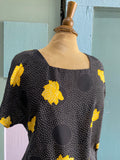 80-90's Black polka dot boxy top with a yellow rose print