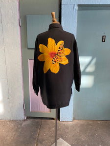 90's-Y2K Black silk long sleeve with yellow flower & butterfly screen print