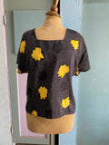 80-90's Black polka dot boxy top with a yellow rose print