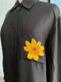 90's-Y2K Black silk long sleeve with yellow flower & butterfly screen print