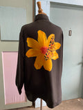 90's-Y2K Black silk long sleeve with yellow flower & butterfly screen print