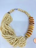 80-90's Ivory and wooden toned beaded twist choker statement necklace