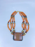 80-90's Brown, Coral and Turquoise layered beaded necklace with large wooden square pendant