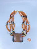 80-90's Brown, Coral and Turquoise layered beaded necklace with large wooden square pendant