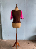 70's Brown sweater knit top with hot pink flutter sleeves