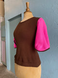 70's Brown sweater knit top with hot pink flutter sleeves