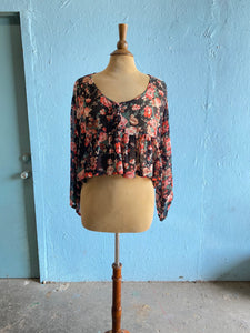 90's Black cropped sheer ruffled floral top