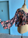 90's Black cropped sheer ruffled floral top