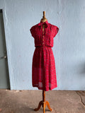 70's Burgundy sheer floral polyester dress with bow tie