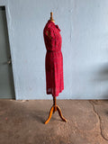 70's Burgundy sheer floral polyester dress with bow tie