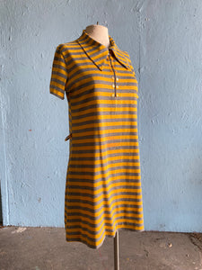 60-70's Yellow and grey stripped mod polo mini zipper dress