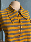 60-70's Yellow and grey stripped mod polo mini zipper dress