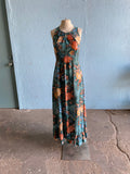 70's Dark green maxi dress with orange, blue and brown florals