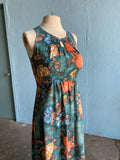 70's Dark green maxi dress with orange, blue and brown florals