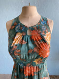 70's Dark green maxi dress with orange, blue and brown florals