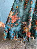 70's Dark green maxi dress with orange, blue and brown florals