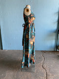 70's Dark green maxi dress with orange, blue and brown florals