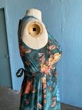 70's Dark green maxi dress with orange, blue and brown florals