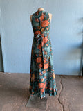 70's Dark green maxi dress with orange, blue and brown florals