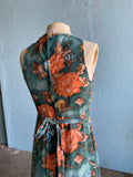 70's Dark green maxi dress with orange, blue and brown florals