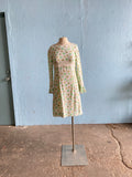 60-70's White long sleeve mini mod dress with shades of green polka dot print