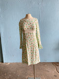 60-70's White long sleeve mini mod dress with shades of green polka dot print