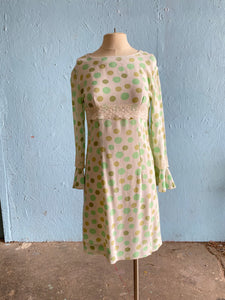 60-70's White long sleeve mini mod dress with shades of green polka dot print