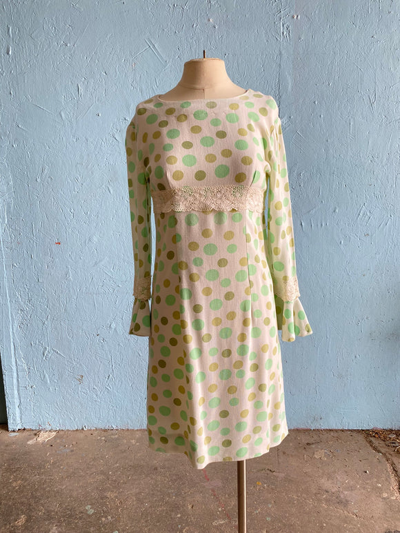 60-70's White long sleeve mini mod dress with shades of green polka dot print