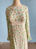 60-70's White long sleeve mini mod dress with shades of green polka dot print