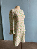 60-70's White long sleeve mini mod dress with shades of green polka dot print