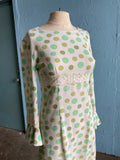 60-70's White long sleeve mini mod dress with shades of green polka dot print