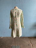 60-70's White long sleeve mini mod dress with shades of green polka dot print