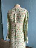 60-70's White long sleeve mini mod dress with shades of green polka dot print