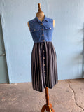 90's Black & white striped midi dress with a denim vest top