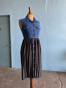 90's Black & white striped midi dress with a denim vest top