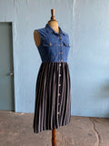 90's Black & white striped midi dress with a denim vest top