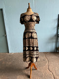 90's Black & Ivory Boho batik block printed dress with back corset lacing