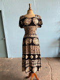 90's Black & Ivory Boho batik block printed dress with back corset lacing