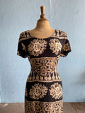 90's Black & Ivory Boho batik block printed dress with back corset lacing