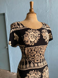 90's Black & Ivory Boho batik block printed dress with back corset lacing