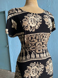 90's Black & Ivory Boho batik block printed dress with back corset lacing